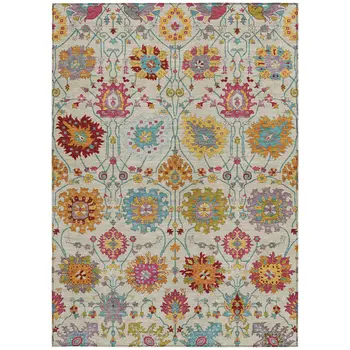 8' X 10' Linen Gold And Pink Damask Washable Indoor Outdoor Area Rug
