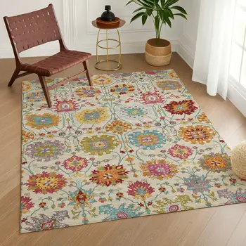 10' X 14' Linen Gold And Pink Damask Washable Indoor Outdoor Area Rug