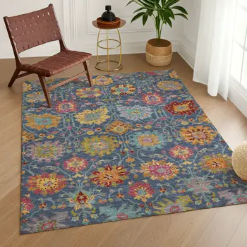 3' X 5' Navy Blue Gold And Pink Damask Washable Indoor Outdoor Area Rug