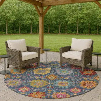 8' Navy Blue Gold And Pink Round Damask Washable Indoor Outdoor Area Rug