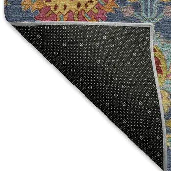 8' Navy Blue Gold And Pink Round Damask Washable Indoor Outdoor Area Rug