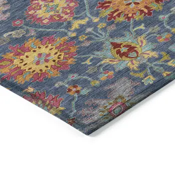 8' Navy Blue Gold And Pink Round Damask Washable Indoor Outdoor Area Rug