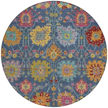 8' Navy Blue Gold And Pink Round Damask Washable Indoor Outdoor Area Rug