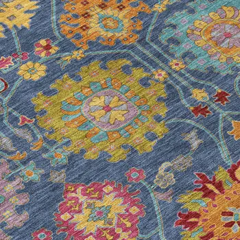 8' Navy Blue Gold And Pink Round Damask Washable Indoor Outdoor Area Rug
