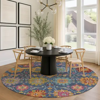 8' Navy Blue Gold And Pink Round Damask Washable Indoor Outdoor Area Rug