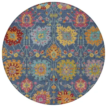 8' Navy Blue Gold And Pink Round Damask Washable Indoor Outdoor Area Rug