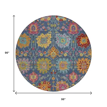8' Navy Blue Gold And Pink Round Damask Washable Indoor Outdoor Area Rug