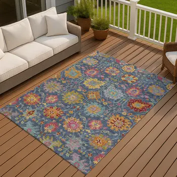 8' X 10' Navy Blue Gold And Pink Damask Washable Indoor Outdoor Area Rug