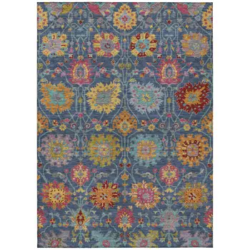 8' X 10' Navy Blue Gold And Pink Damask Washable Indoor Outdoor Area Rug