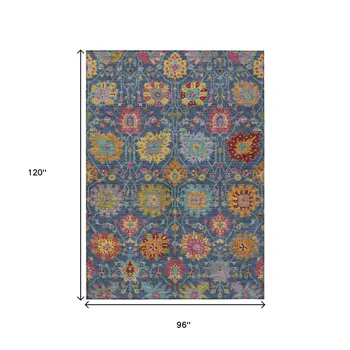 8' X 10' Navy Blue Gold And Pink Damask Washable Indoor Outdoor Area Rug