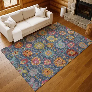 8' X 10' Navy Blue Gold And Pink Damask Washable Indoor Outdoor Area Rug