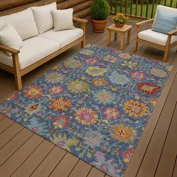 8' X 10' Navy Blue Gold And Pink Damask Washable Indoor Outdoor Area Rug