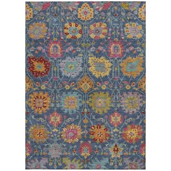 10' X 14' Navy Blue Gold And Pink Damask Washable Indoor Outdoor Area Rug