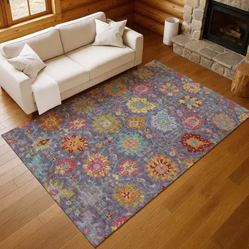 5' X 8' Purple Gold And Pink Damask Washable Indoor Outdoor Area Rug