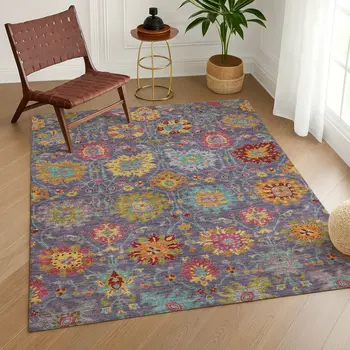 5' X 8' Purple Gold And Pink Damask Washable Indoor Outdoor Area Rug