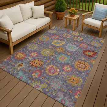 5' X 8' Purple Gold And Pink Damask Washable Indoor Outdoor Area Rug