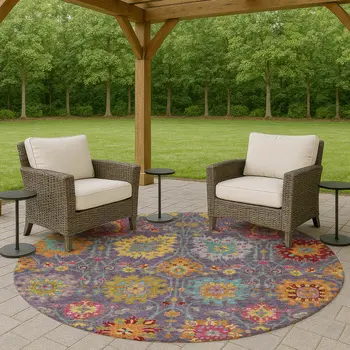 8' Purple Gold And Pink Round Damask Washable Indoor Outdoor Area Rug