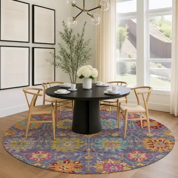 8' Purple Gold And Pink Round Damask Washable Indoor Outdoor Area Rug