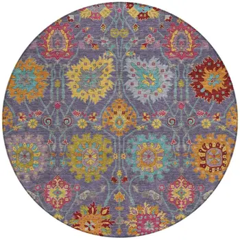 8' Purple Gold And Pink Round Damask Washable Indoor Outdoor Area Rug
