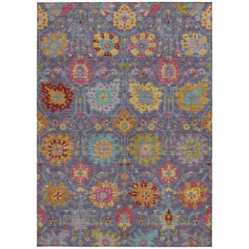 9' X 12' Purple Gold And Pink Damask Washable Indoor Outdoor Area Rug