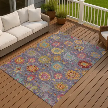 10' X 14' Purple Gold And Pink Damask Washable Indoor Outdoor Area Rug