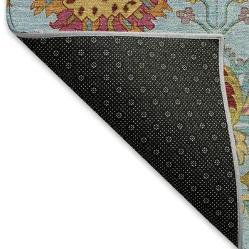 5' X 8' Sky Blue Gold And Pink Damask Washable Indoor Outdoor Area Rug