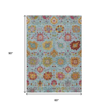 5' X 8' Sky Blue Gold And Pink Damask Washable Indoor Outdoor Area Rug