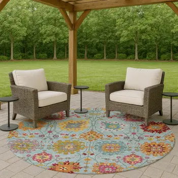 8' Sky Blue Gold And Pink Round Damask Washable Indoor Outdoor Area Rug
