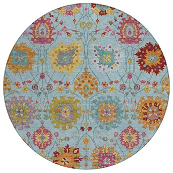 8' Sky Blue Gold And Pink Round Damask Washable Indoor Outdoor Area Rug