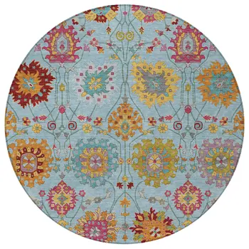 8' Sky Blue Gold And Pink Round Damask Washable Indoor Outdoor Area Rug