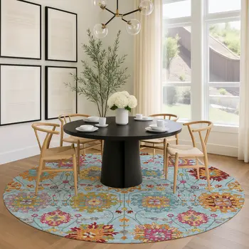 8' Sky Blue Gold And Pink Round Damask Washable Indoor Outdoor Area Rug