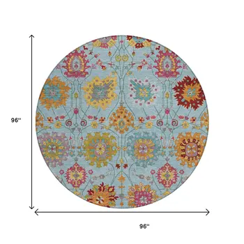 8' Sky Blue Gold And Pink Round Damask Washable Indoor Outdoor Area Rug
