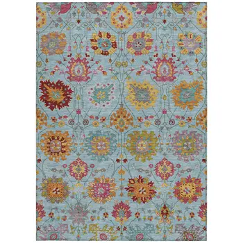 8' X 10' Sky Blue Gold And Pink Damask Washable Indoor Outdoor Area Rug