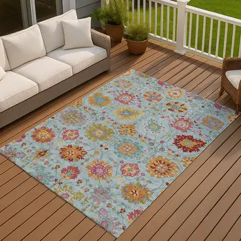 8' X 10' Sky Blue Gold And Pink Damask Washable Indoor Outdoor Area Rug