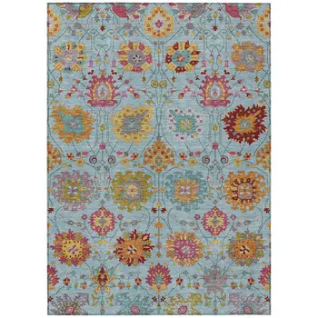 8' X 10' Sky Blue Gold And Pink Damask Washable Indoor Outdoor Area Rug