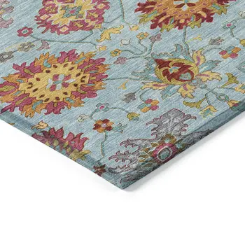 8' X 10' Sky Blue Gold And Pink Damask Washable Indoor Outdoor Area Rug