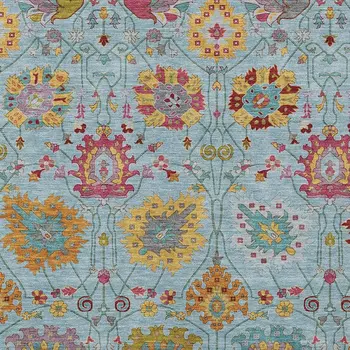 8' X 10' Sky Blue Gold And Pink Damask Washable Indoor Outdoor Area Rug