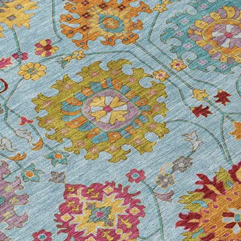 8' X 10' Sky Blue Gold And Pink Damask Washable Indoor Outdoor Area Rug