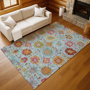 8' X 10' Sky Blue Gold And Pink Damask Washable Indoor Outdoor Area Rug