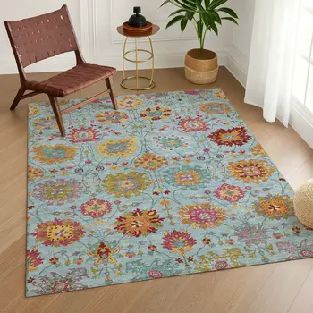 8' X 10' Sky Blue Gold And Pink Damask Washable Indoor Outdoor Area Rug