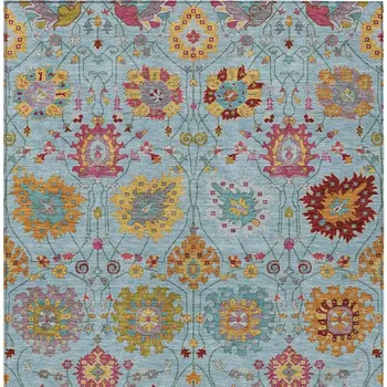9' X 12' Sky Blue Gold And Pink Damask Washable Indoor Outdoor Area Rug