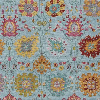 9' X 12' Sky Blue Gold And Pink Damask Washable Indoor Outdoor Area Rug