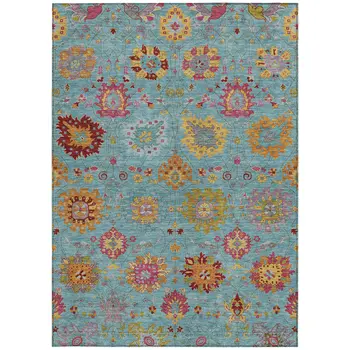 3' X 5' Teal Blue Gold And Pink Damask Washable Indoor Outdoor Area Rug