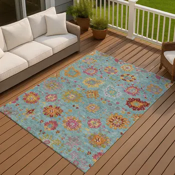 5' X 8' Teal Blue Gold And Pink Damask Washable Indoor Outdoor Area Rug