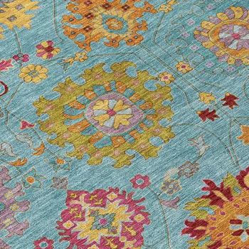 5' X 8' Teal Blue Gold And Pink Damask Washable Indoor Outdoor Area Rug