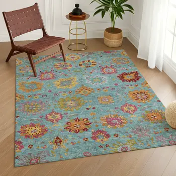 5' X 8' Teal Blue Gold And Pink Damask Washable Indoor Outdoor Area Rug
