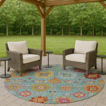 8' Teal Blue Gold And Pink Round Damask Washable Indoor Outdoor Area Rug