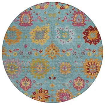 8' Teal Blue Gold And Pink Round Damask Washable Indoor Outdoor Area Rug