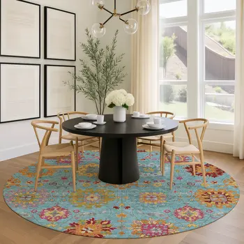 8' Teal Blue Gold And Pink Round Damask Washable Indoor Outdoor Area Rug