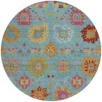 8' Teal Blue Gold And Pink Round Damask Washable Indoor Outdoor Area Rug